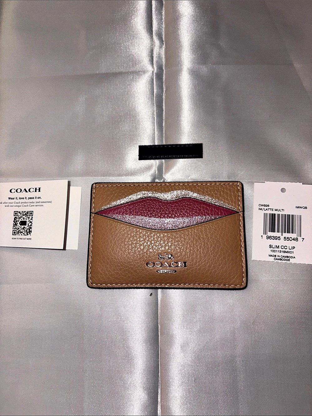 NWT RARE Coach Lip Card Case in Latte Multi Brown & Pink